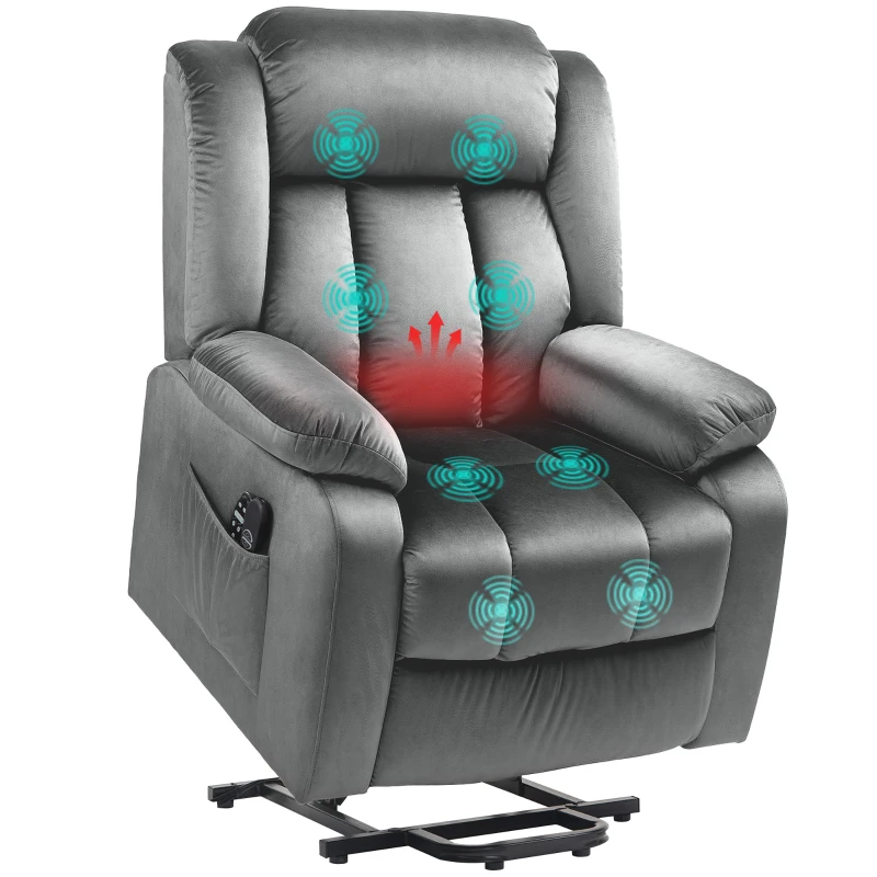 HOMCOM Aufstehsessel mit Massagefunktion und Lendenheizung, Recliner-Sessel mit Fernbedienungen und Seitentaschen, Grau