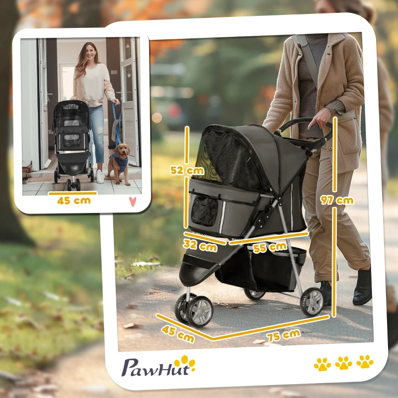 PawHut Ruimtebesparende honden- & kattenbuggy tot 10 kg, 75 x 45 x 97 cm, in Donkergrijs met opbergopties(m-3)