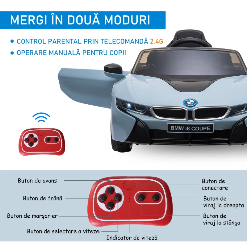 HOMCOM Licensed BMW i8 Coupé Masina Electrica, Telecomanda, MP3, Baterie pentru 3-8 Ani(m-7)