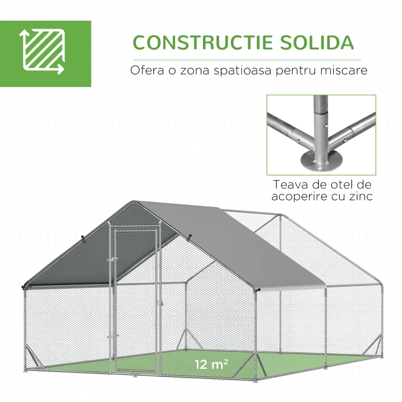 PawHut Coteț de Găini cu Cadru Zincat și Plasă Hexagonală, Țarc cu Acoperiș Impermeabil pentru Găini, Rațe și Iepuri, 3x4x2 m(m-7)
