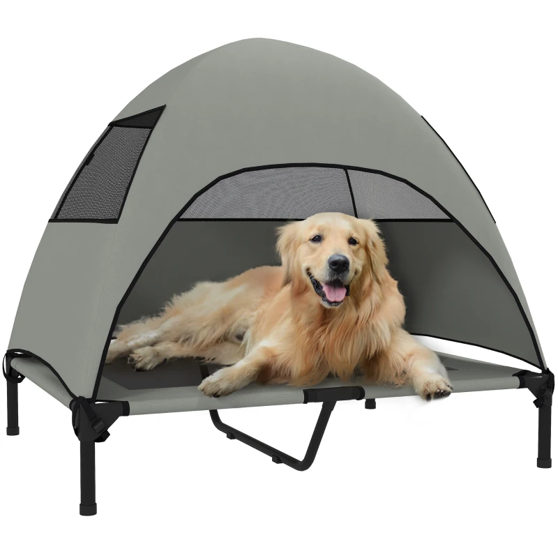 PawHut Buiten Hondenligbed met Dak, Verhoogd Hondenbed voor Grote Honden, 91 x 76 x 90 cm, Lichtgrijs