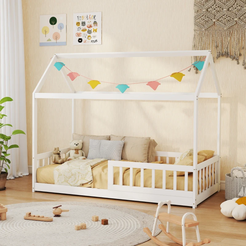 HOMCOM House-Shaped Kids Bed Frame with Guard Rails, Solid Pine Wood Single Bed Frame for Kids Boys and Girls