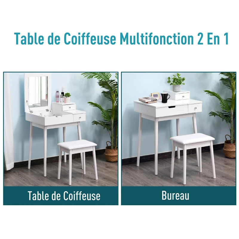 HOMCOM Coiffeuse Table de Maquillage avec Tabouret Miroir Rabattable Coffre + 2 tiroirs MDF Bois Massif pin Blanc