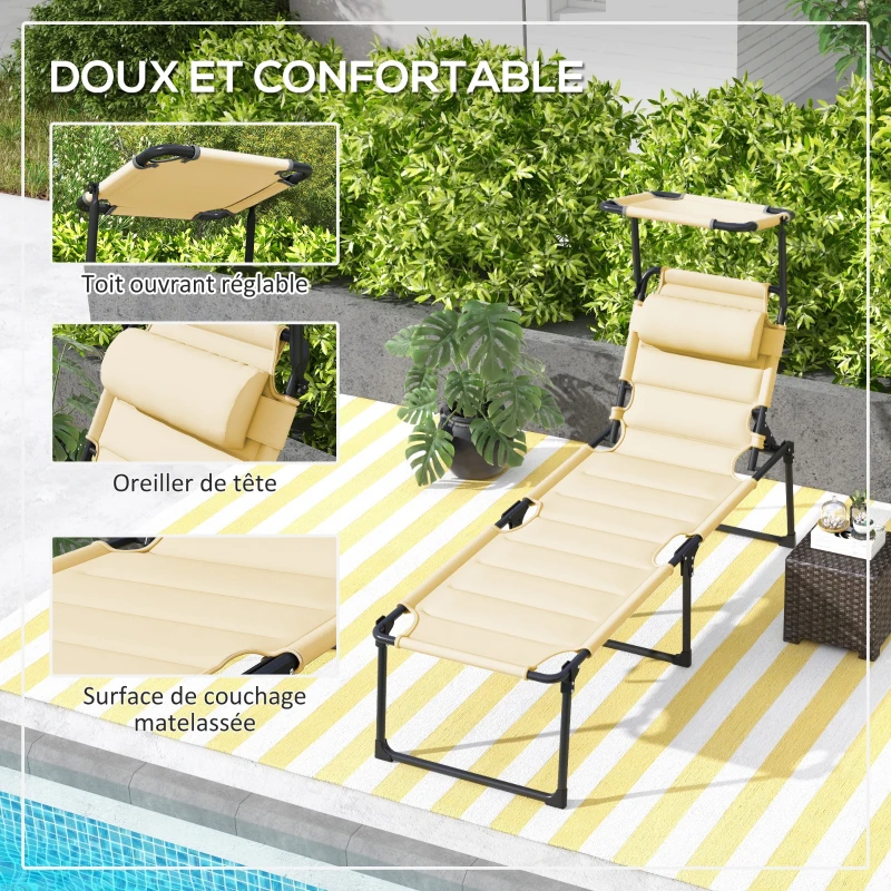 Outsunny Bain de soleil chaise longue pliante avec pare-soleil, appuie-tête inclinable en tissu Oxford 70 x 200 x 45 cm crème