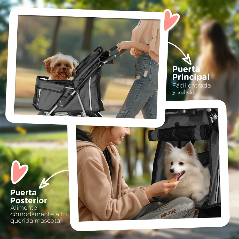 PawHut Carrito para Perros Pequeños con Cesta de Almacenaje Ventanas de Malla y Cinturón de Seguridad 75x45x97 cm Gris Oscuro