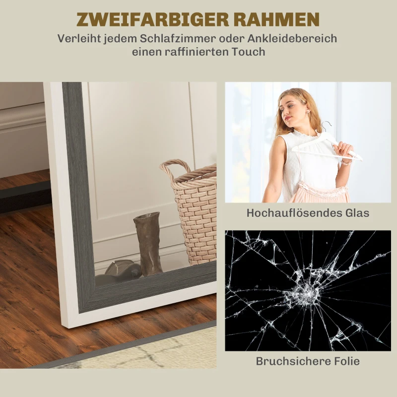 HOMCOM Volledige Lichaamsspiegel, MDF-Frame, Splintervrije Folie, 162,6 x 53,3 cm, Grijs