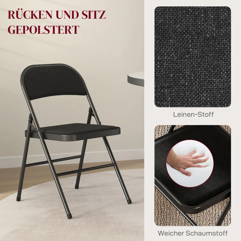 HOMCOM 4-delige Set Opklapbare Stoelen, Draagbare Kantoorstoelen, Metalen Poten, Opvouwbare Stoel voor Kantoor, Receptie, Wachtkamer, Linnen-Look, Zwart(m-4)
