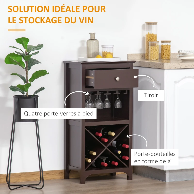 HOMCOM Casier à vin Meuble de rangement pour bouteille de vin Porte-bouteilles + Support Verres + tiroir - Marron