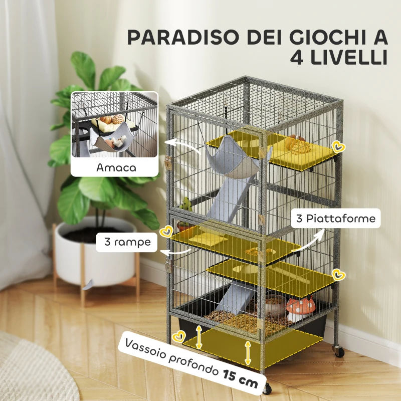 PawHut Gabbia per Piccoli Animali a 4 Livelli con Rampe, Piattaforme, Amaca e Ruote, 52x52x115 cm, Grigio