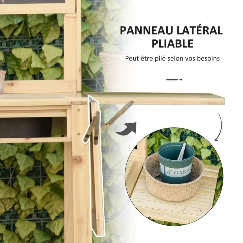 Outsunny Table de rempotage - table de jardinage avec 2 étagères, tiroir, tablette rabattable, 8 crochets, évier, tamis, tableau noir - table de plantation bois sapin