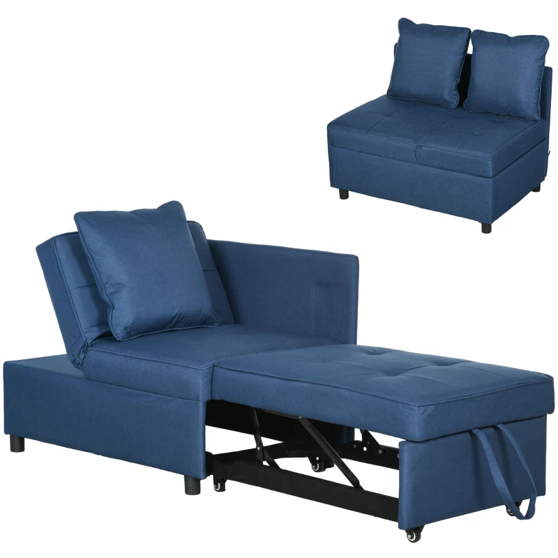 HOMCOM Sofá Cama de 1 Plaza con Respaldo Ajustable Sillón Cama Individual con Almohadas para Dormitorio Apartamento Azul