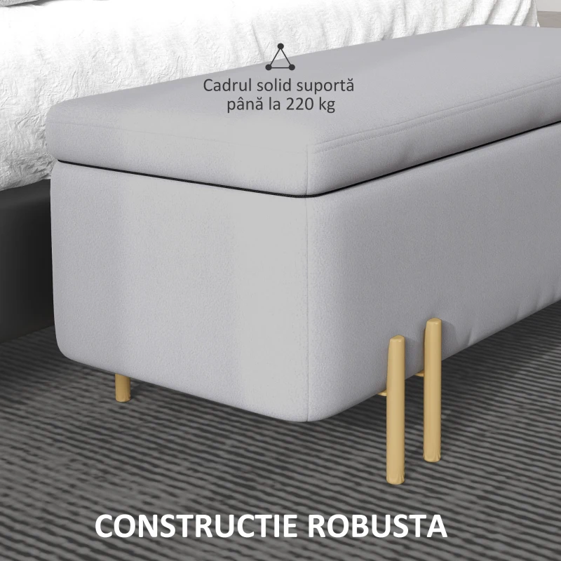 HOMCOM Bancă de Depozitare cu Șezut Tapițat și Picioare Lăcuite Aurii, 100x40x42 cm, Gri(m-7)