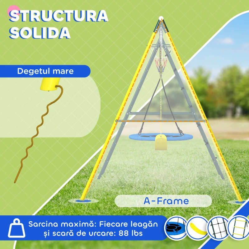 Outsunny Set de Leagan pentru Copii 4 in 1 cu Leagan cu Farfurie, Scaun, Scara/Plasa de Catarat, Cos de Baschet, Galben(m-4)