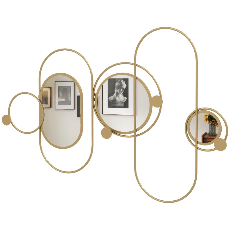 HOMCOM Metal Wall Mirror Decor with Coat Hooks, Modern Decorative Wall Art for Living Room Bedroom, Gold Tone