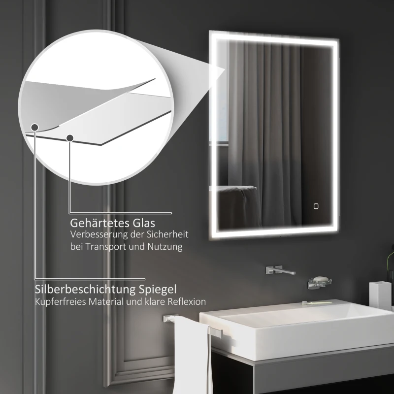 HOMCOM Badkamerspiegel met LED Verlichting 90x70 cm Wandspiegel met Memory-Functie en 3 Lichtkleuren Zilver