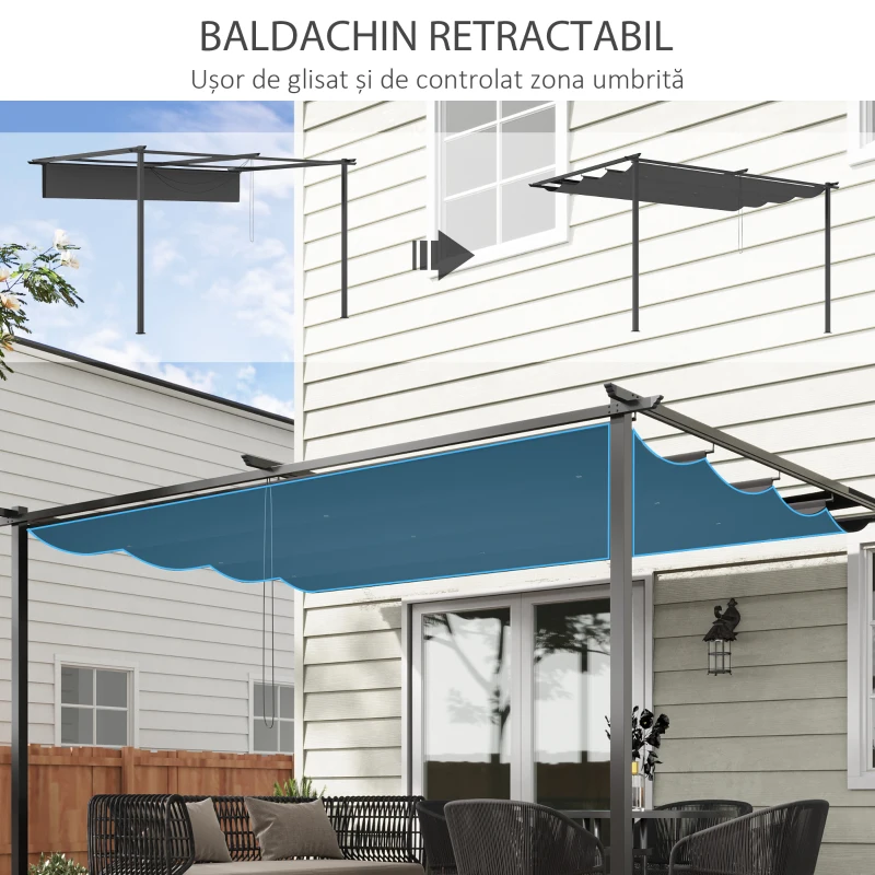 Outsunny Foisor tip pergola din otel si poliester cu acoperis de protectie culisant, suruburi si carlige incluse, 390x290x220 cm, gri(m-4)