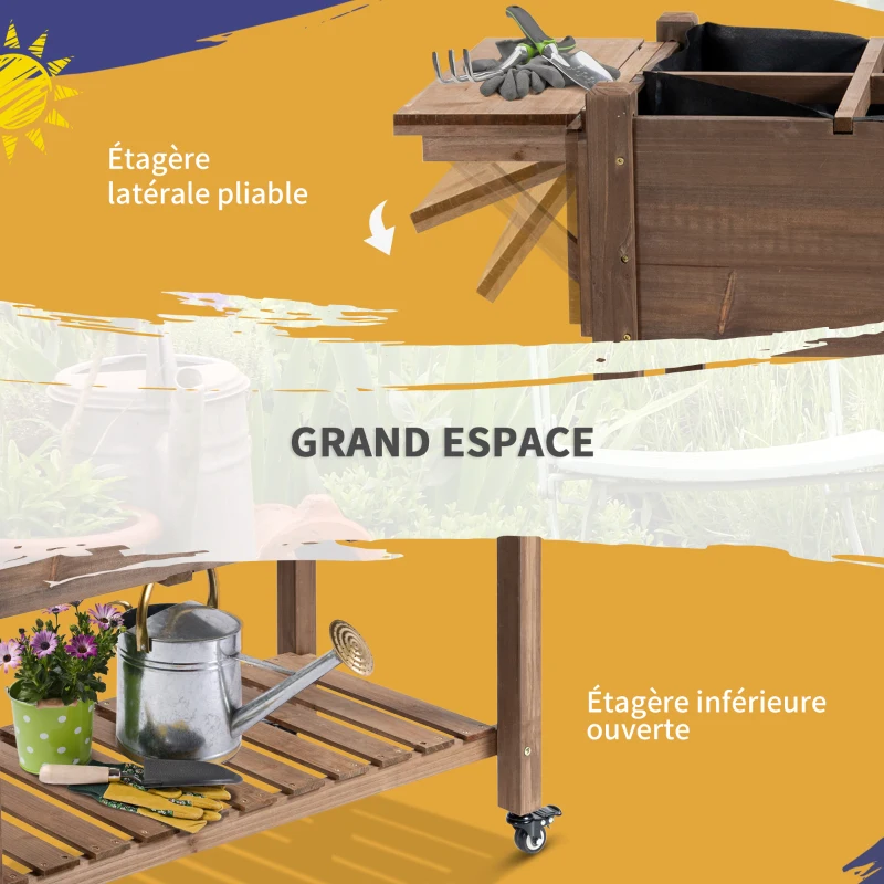 Outsunny Jardinière sur Pied - Potager sur roulettes - étagère, Tablette Rabattable, Inserts d'irrigation, Feutre de Drainage Inclus - Bois Sapin pré-huilé