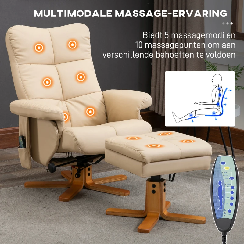 HOMCOM massagestoel met ottoman relaxstoel TV-stoel TV-stoel 145 ° helling kunstleer crèmewit 80 x 86 x 99 cm