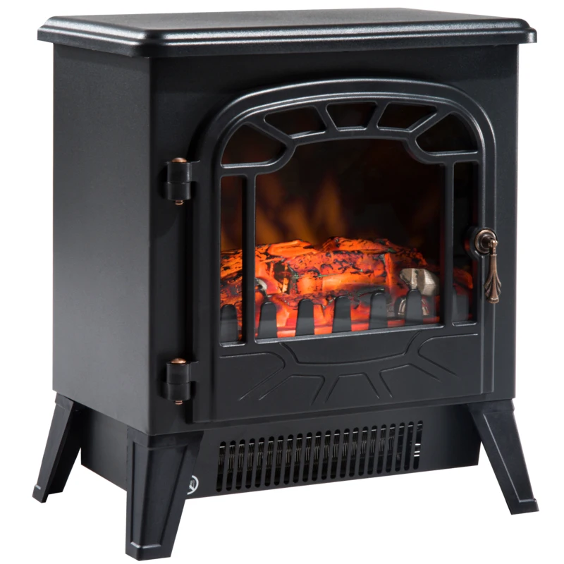 HOMCOM Cheminée électrique radiateur Imitation Flamme avec luminosité et réglable 900 W / 1800 W Porte métal Verre trempé Noir