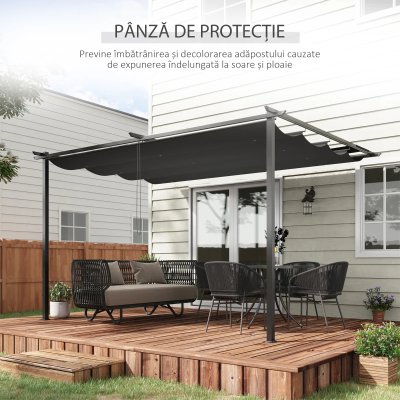 Outsunny Foisor tip pergola din otel si poliester cu acoperis de protectie culisant, suruburi si carlige incluse, 390x290x220 cm, gri(m-5)