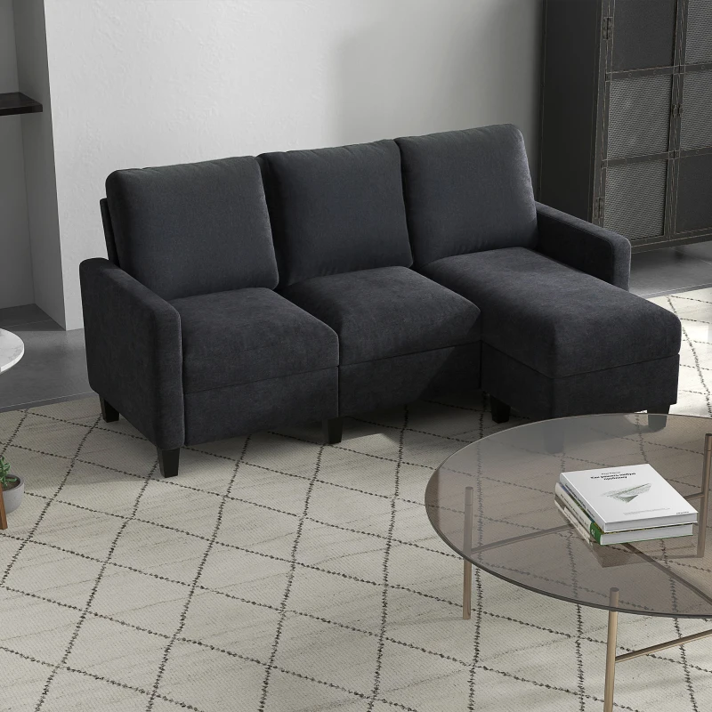 HOMCOM Ecksofa, 3 Sitzer Sofa und Kissen, Eckcouch, L-Form Couch für Wohnzimmer, Schlafzimmer 197 x 139 x 91 cm, Leinen, Dunkelgrau