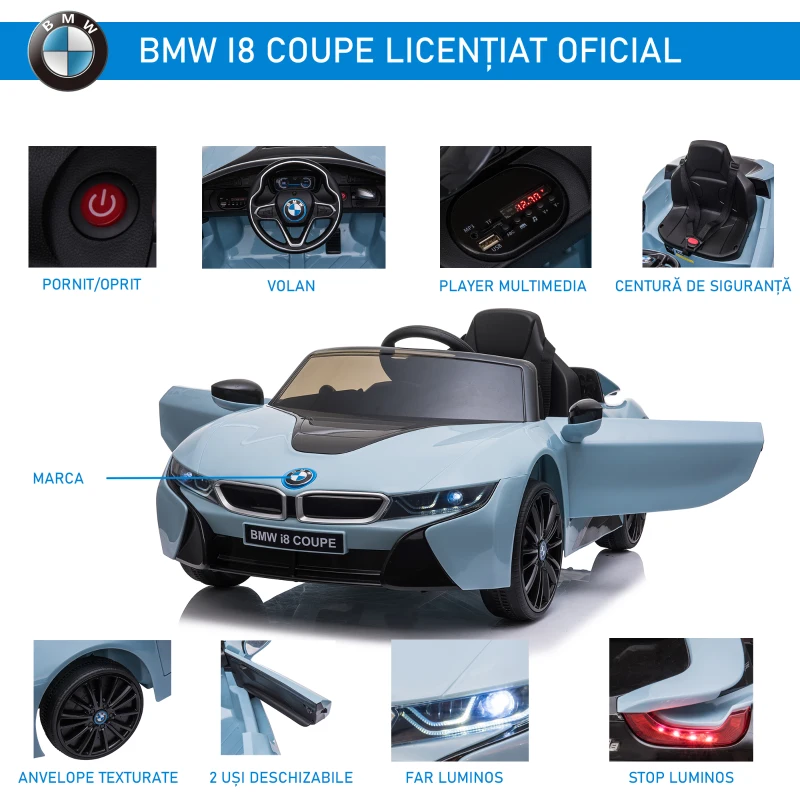 HOMCOM Licensed BMW i8 Coupé Masina Electrica, Telecomanda, MP3, Baterie pentru 3-8 Ani(m-5)