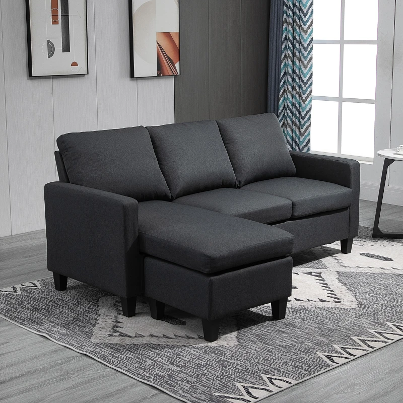 HOMCOM Ecksofa, 3 Sitzer Sofa und Kissen, Eckcouch, L-Form Couch für Wohnzimmer, Schlafzimmer 197 x 139 x 91 cm, Leinen, Dunkelgrau