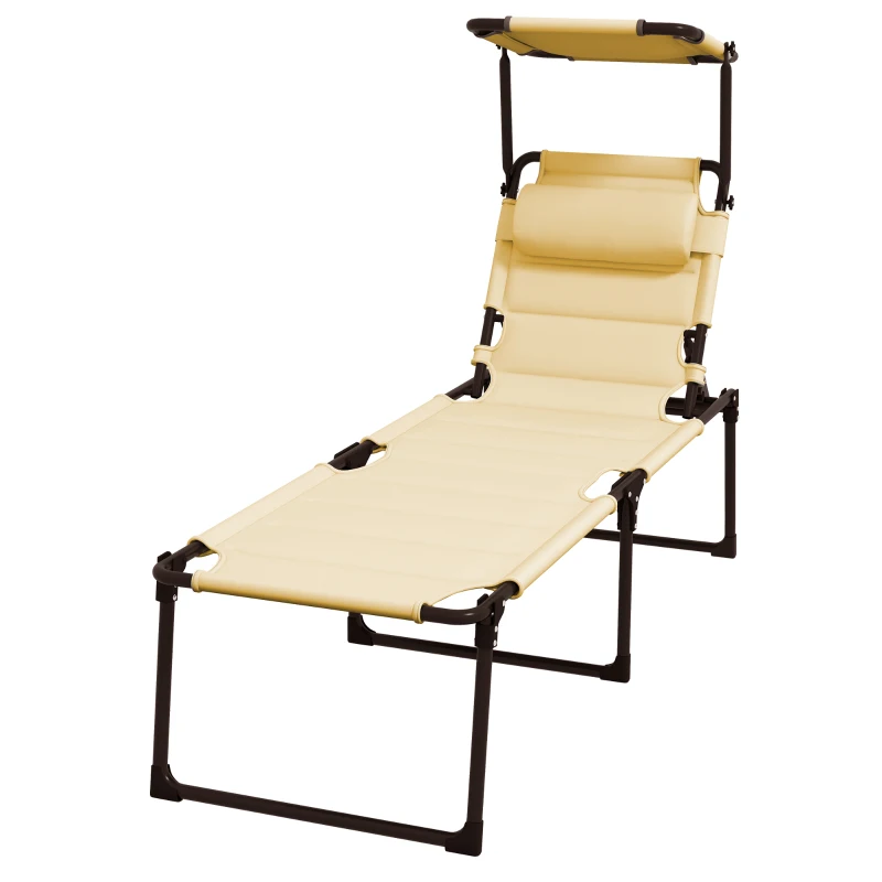 Outsunny Espreguiçadeira Dobrável Espreguiçadeira de Jardim com Toldo Ajustável para Jardim Terraço Piscina 70x200x45 cm Creme