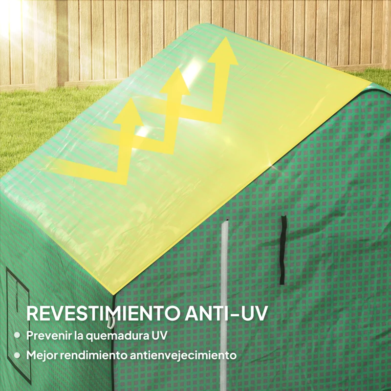 Outsunny Conjunto de Invernadero de Jardín con Estantes y Cubierta de PE con Puerta Enrollable y Ventana 143x138x190 cm Verde