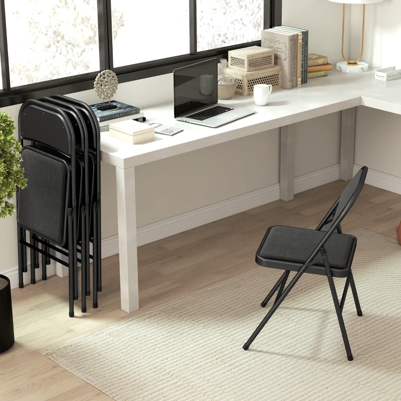 HOMCOM 4-delige Set Opklapbare Stoelen, Draagbare Kantoorstoelen, Metalen Poten, Opvouwbare Stoel voor Kantoor, Receptie, Wachtkamer, Linnen-Look, Zwart(m-7)