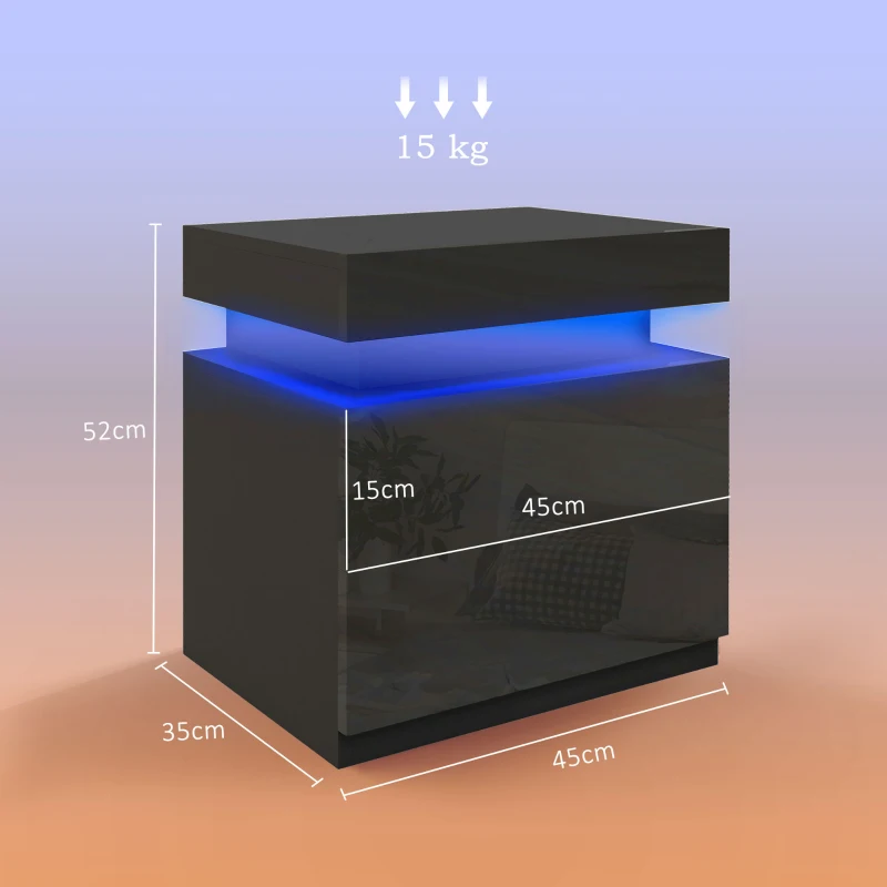 HOMCOM Black Bedside Table with LED Light, High Gloss Front Nightstand with 2 Drawers, for Living Room, Bedroom