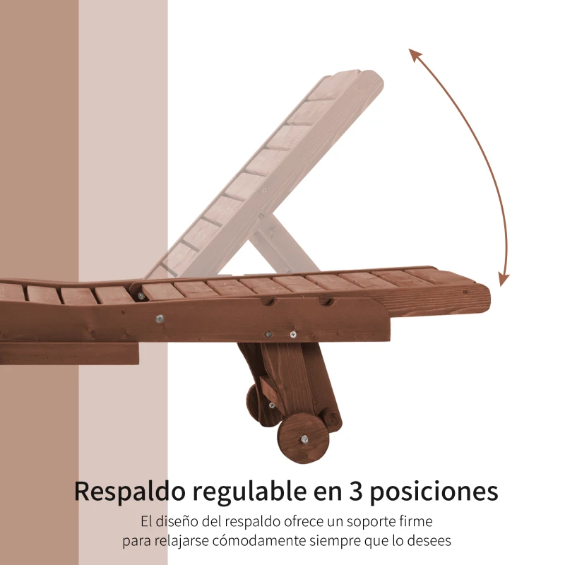 Outsunny Tumbona de Madera Exterior Silla Reclinable de Jardín con 2 Ruedas Respaldo Ajustable y 1 Bandeja Carga 130 kg Natural