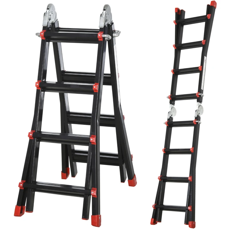 HOMCOM Telescopische Ladder met Antislip Treden, Belastbaar tot 150 kg, Aluminium, Zwart+Rood