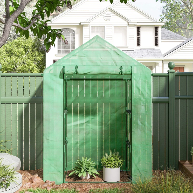 Outsunny Conjunto de Invernadero de Jardín con Estantes y Cubierta de PE con Puerta Enrollable y Ventana 143x138x190 cm Verde
