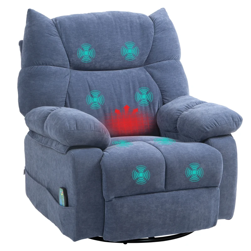 HOMCOM Massagesessel mit Wärme- & Liegefunktion, drehbar, bis 150 kg, Metallgestell, 98x90x98cm, Blau(m-10)