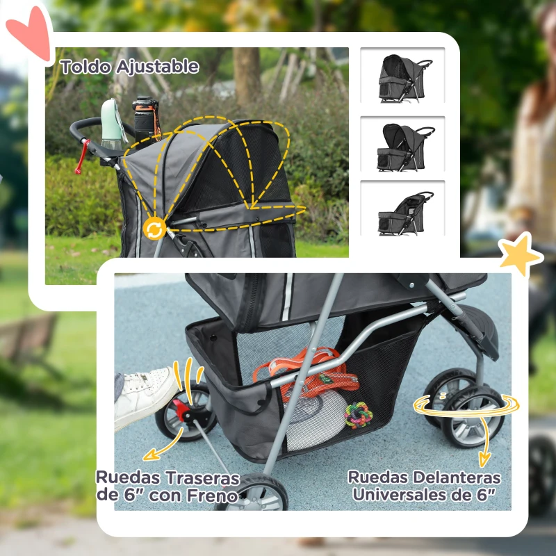 PawHut Carrito para Perros Pequeños con Cesta de Almacenaje Ventanas de Malla y Cinturón de Seguridad 75x45x97 cm Gris Oscuro