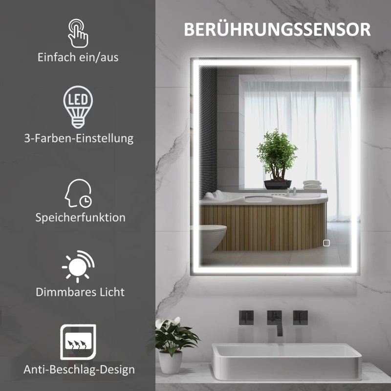HOMCOM Badkamerspiegel met LED Verlichting 90x70 cm Wandspiegel met Memory-Functie en 3 Lichtkleuren Zilver