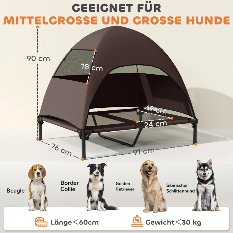 PawHut Outdoor Hondenligbed met Dak, Verhoogd Hondenbed voor Grote Honden, 91 x 76 x 90 cm, Koffie