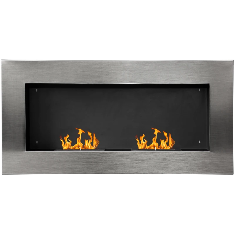 HOMCOM Cheminée bioéthanol Murale encastrable brûleur 2 x 0,9 L, environ 3 h de durée de combustion 110L x 14l x 54H cm Couverture 25-30 m² Acier inox