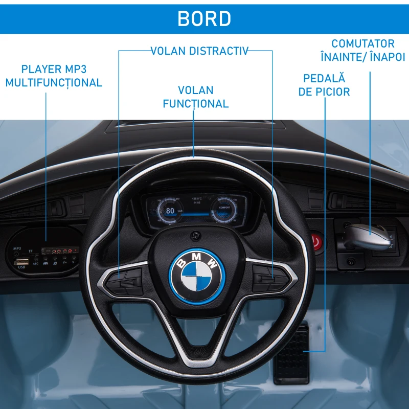 HOMCOM Licensed BMW i8 Coupé Masina Electrica, Telecomanda, MP3, Baterie pentru 3-8 Ani(m-6)