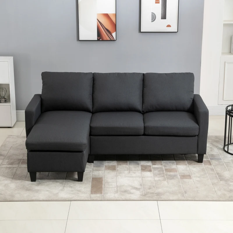 HOMCOM Ecksofa, 3 Sitzer Sofa und Kissen, Eckcouch, L-Form Couch für Wohnzimmer, Schlafzimmer 197 x 139 x 91 cm, Leinen, Dunkelgrau