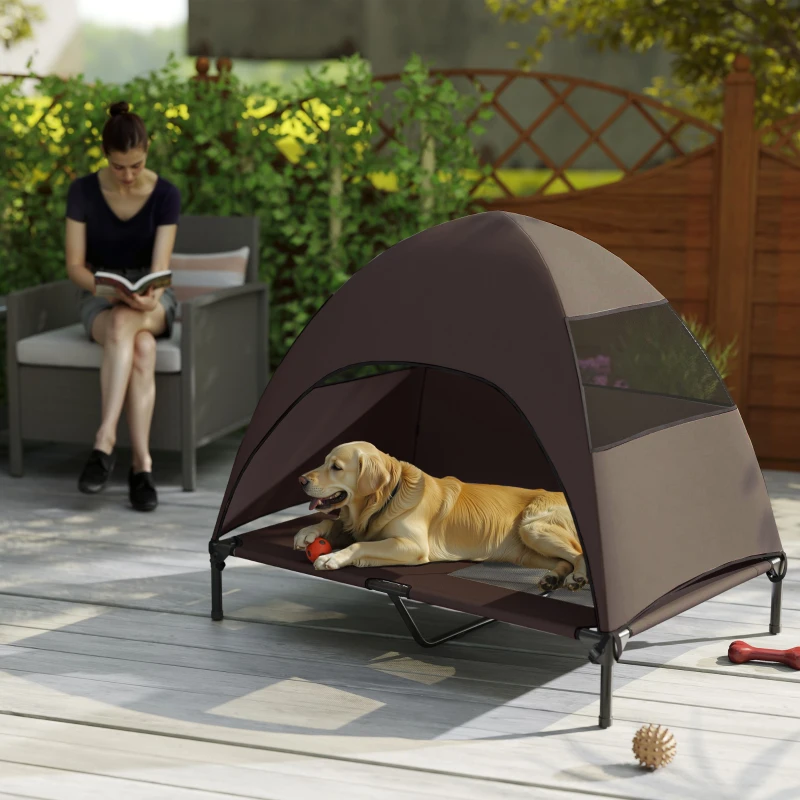 PawHut Hundeliege Outdoor mit Dach, Erhöhtes Hundebett für Große Hunde, 106 x 76 x 99 cm, Kaffee(m-9)