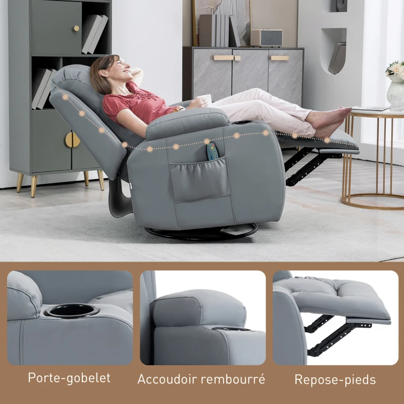 HOMCOM Fauteuil de Massage et Relaxation électrique Chauffant 360° pivotant inclinable manuellement Repose-Pied télécommande(m-8)