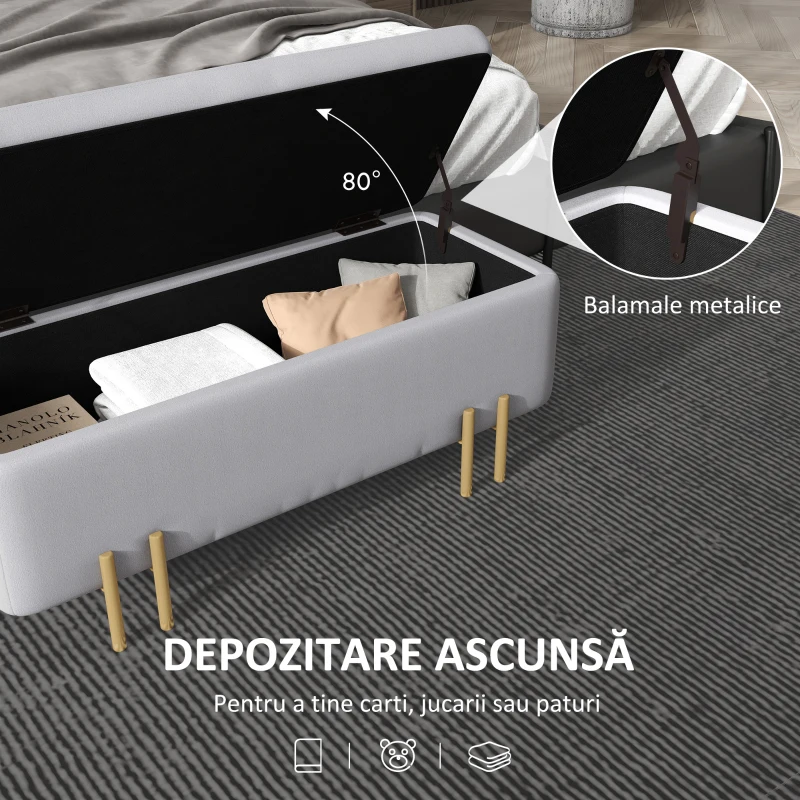 HOMCOM Bancă de Depozitare cu Șezut Tapițat și Picioare Lăcuite Aurii, 100x40x42 cm, Gri(m-4)