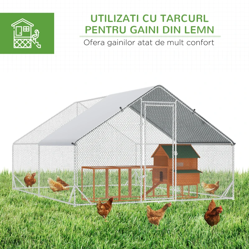 PawHut Coteț de Găini cu Cadru Zincat și Plasă Hexagonală, Țarc cu Acoperiș Impermeabil pentru Găini, Rațe și Iepuri, 3x4x2 m(m-6)