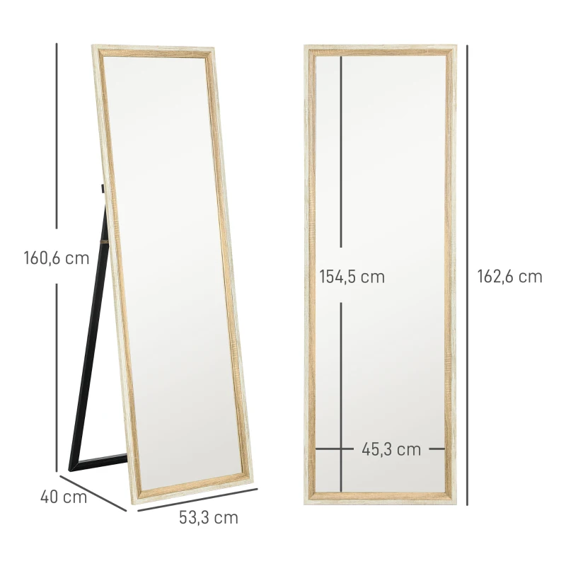 HOMCOM Volledige Lichaamsspiegel, MDF-frame, Splintervrije Folie, 162,6 x 53,3 cm, Natuurhout