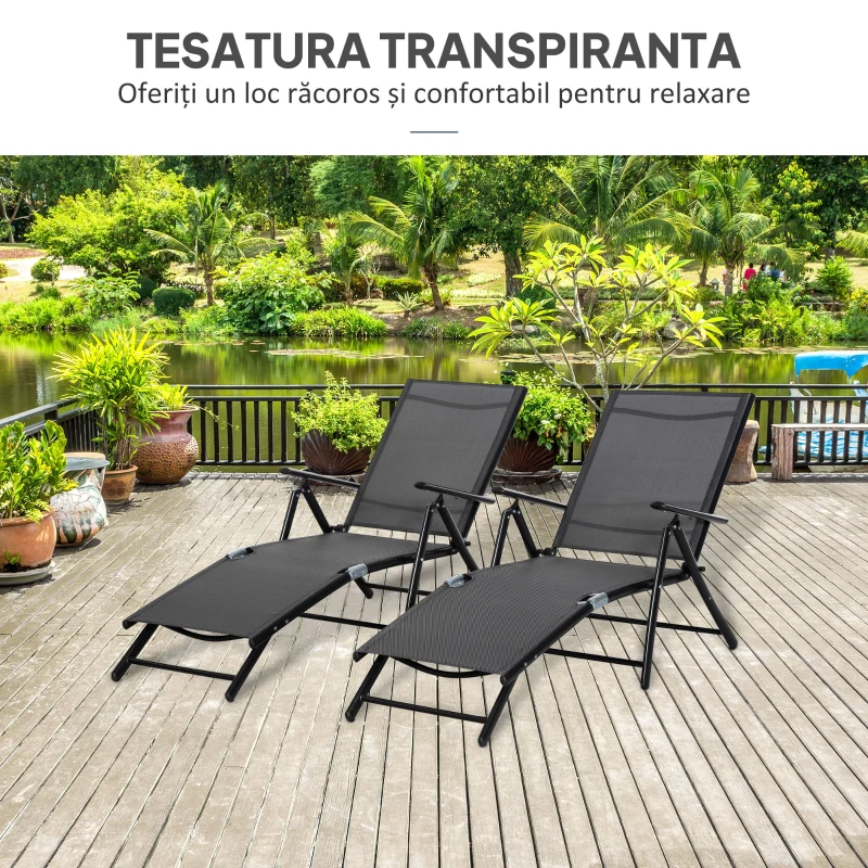 Outsunny Set 2 Sezloguri de Gradina Pliabile cu Spatar Reglabil in 7 Pozitii, din Aluminiu si Plasa Respirabila, 64x134x95cm, Negru