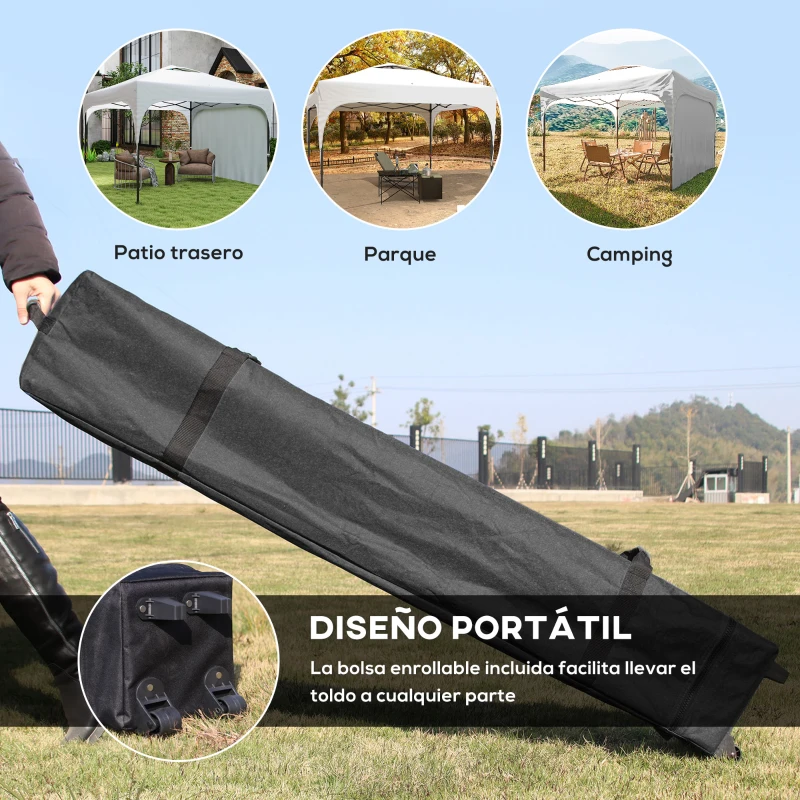 Outsunny Cenador de Jardín 3x3 m con Altura Ajustable 1 Pared Lateral Impermeable 4 Bolsas de Arena y Bolsa de Transporte Blanco