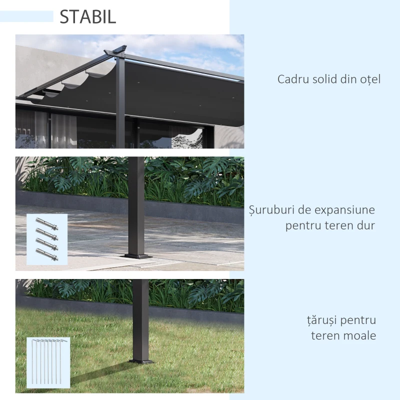 Outsunny Foisor tip pergola din otel si poliester cu acoperis de protectie culisant, suruburi si carlige incluse, 390x290x220 cm, gri(m-6)