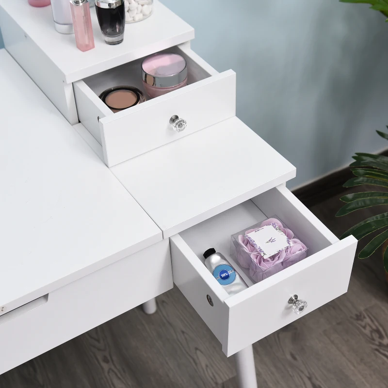 HOMCOM Coiffeuse Table de Maquillage avec Tabouret Miroir Rabattable Coffre + 2 tiroirs MDF Bois Massif pin Blanc